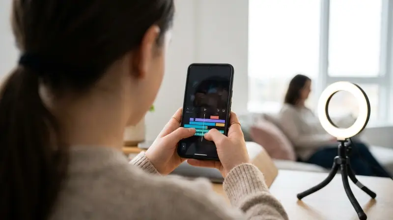 Kind schneidet auf dem Smartphone ein Video, im Hintergrund leuchtet ein Laptop-Bildschirm mit AGB-Text